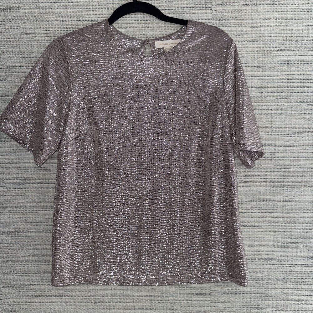 Monteau Los Angeles Metallic Foil Top Short Sleeve Sparkle Party Blouse Women's